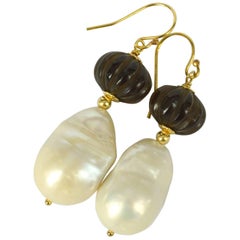 Decadent Jewels Carved Smokey Quartz Baroque Pearl Gold Earrings