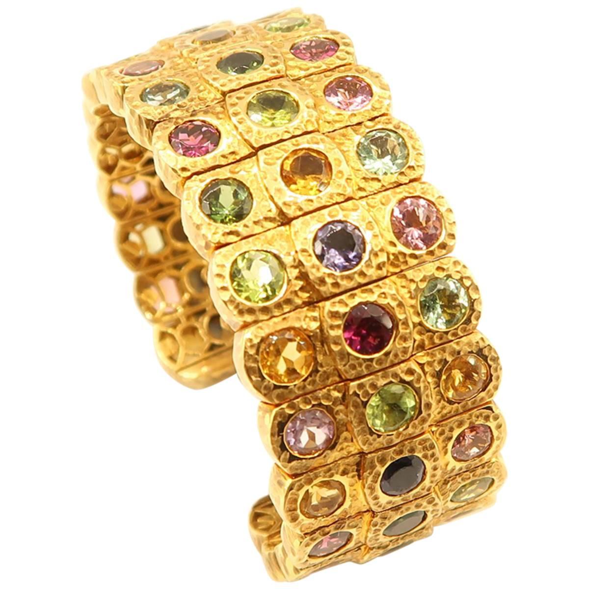 3-Row Multicolor Semi Precious Gemstone Hammered 18K Gold Open Bangle Cuff For Sale