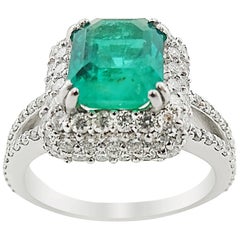 White Gold Bluish Green Emerald Ring with Diamonds