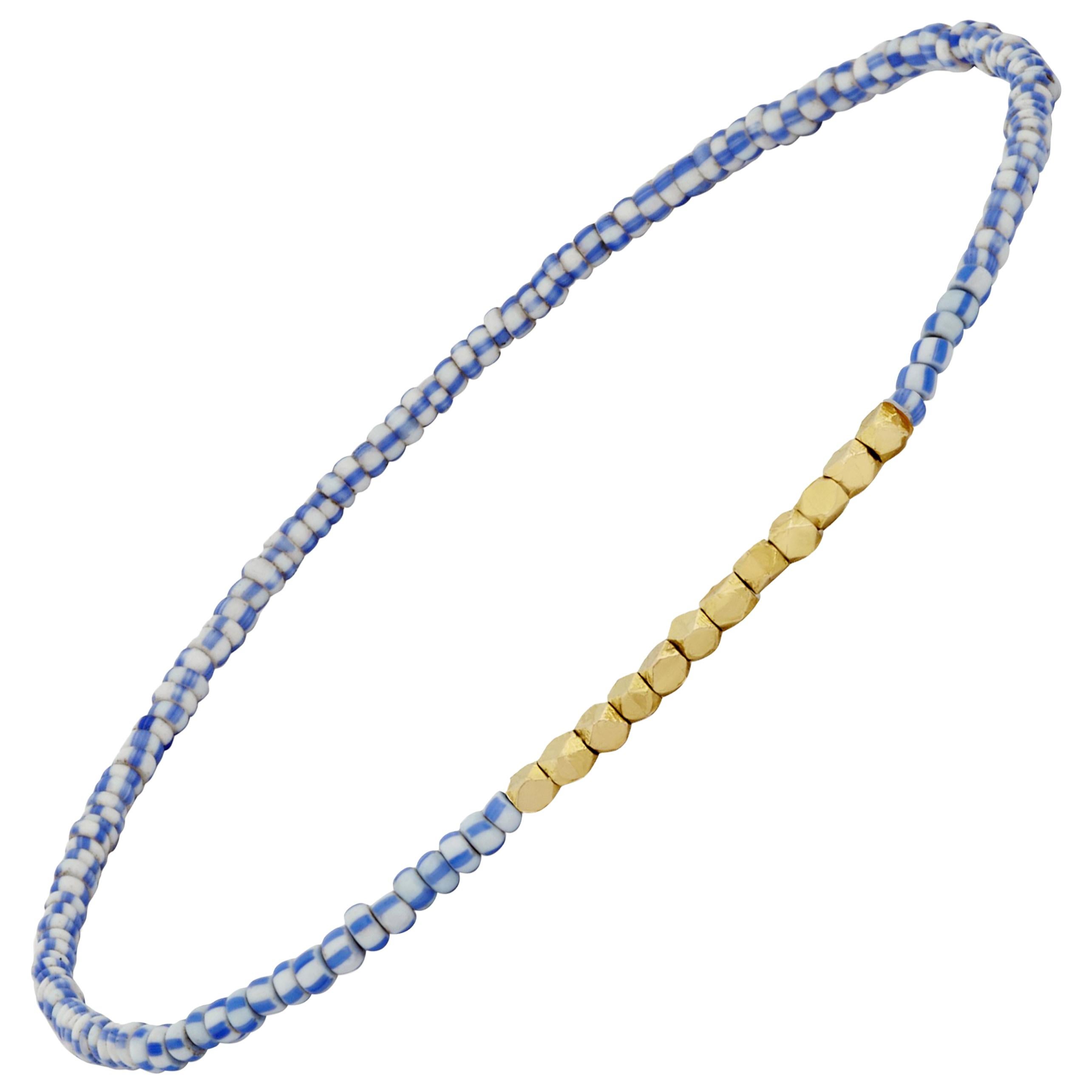 Vintage Blue and White Beaded Bracelet with Yellow Gold by Allison Bryan
