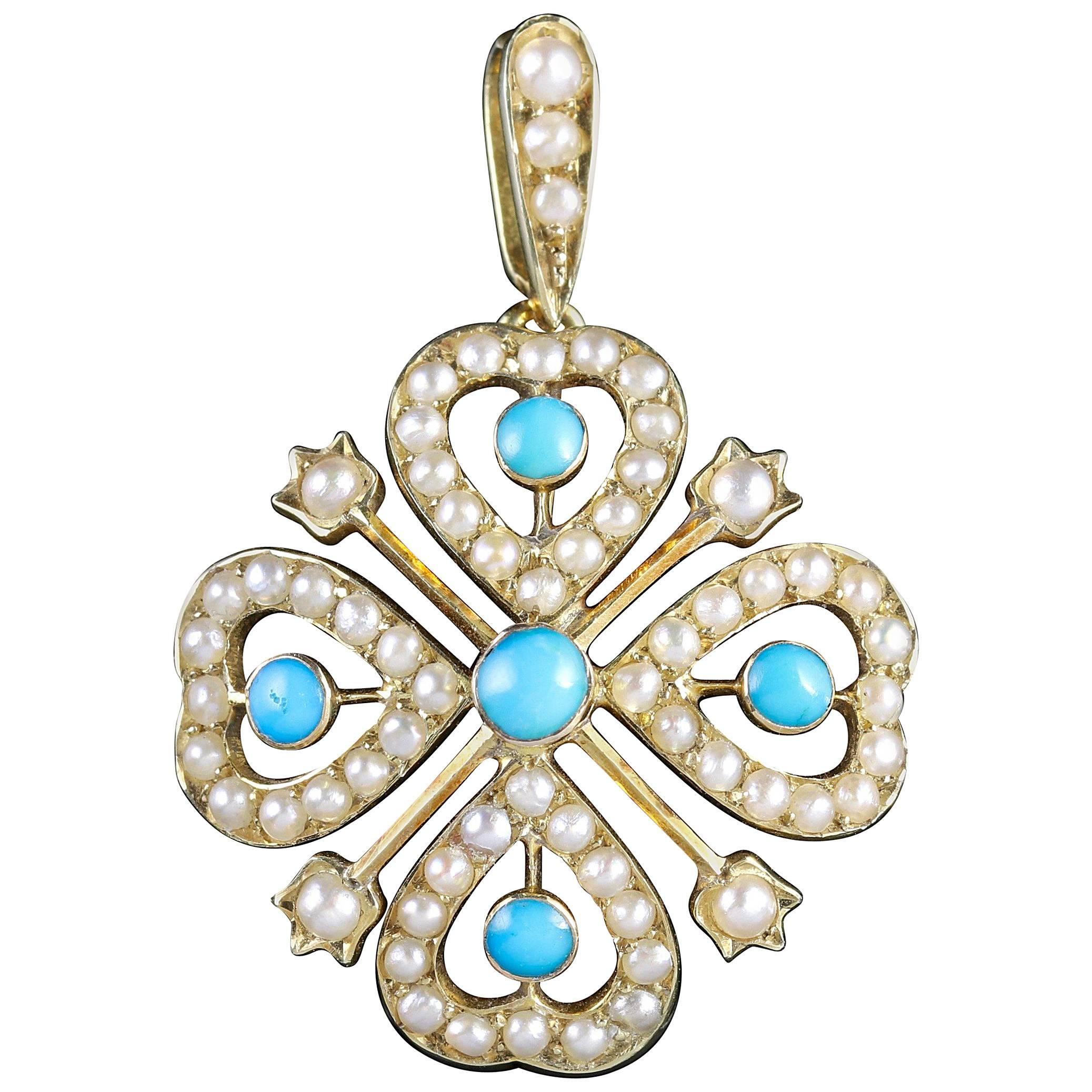 Antique Victorian Turquoise Pearl Pendant 18 Carat Gold
