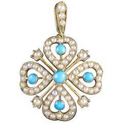 Antique Victorian Turquoise Pearl Pendant 18 Carat Gold
