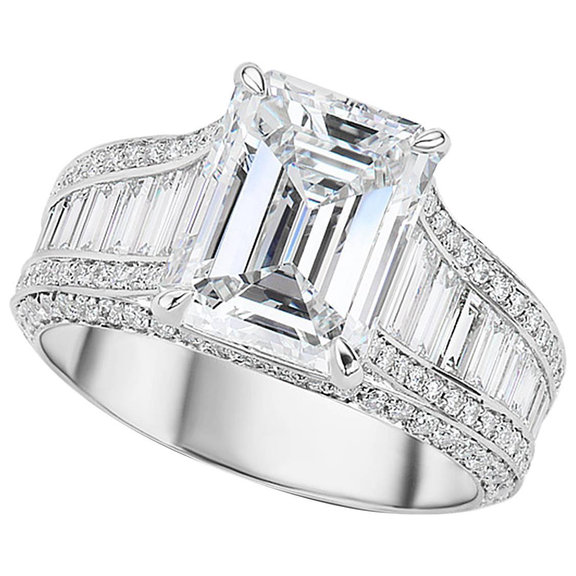 GIA Certified 3.55 Carat Emerald Cut Diamond Platinum Ring
