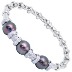 White Gold Cultured Pearl Tahitian Bangle with Diamond Accent