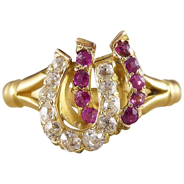 Antique Edwardian Ruby and Diamond Double Horseshoe Ring in 18 Carat Gold