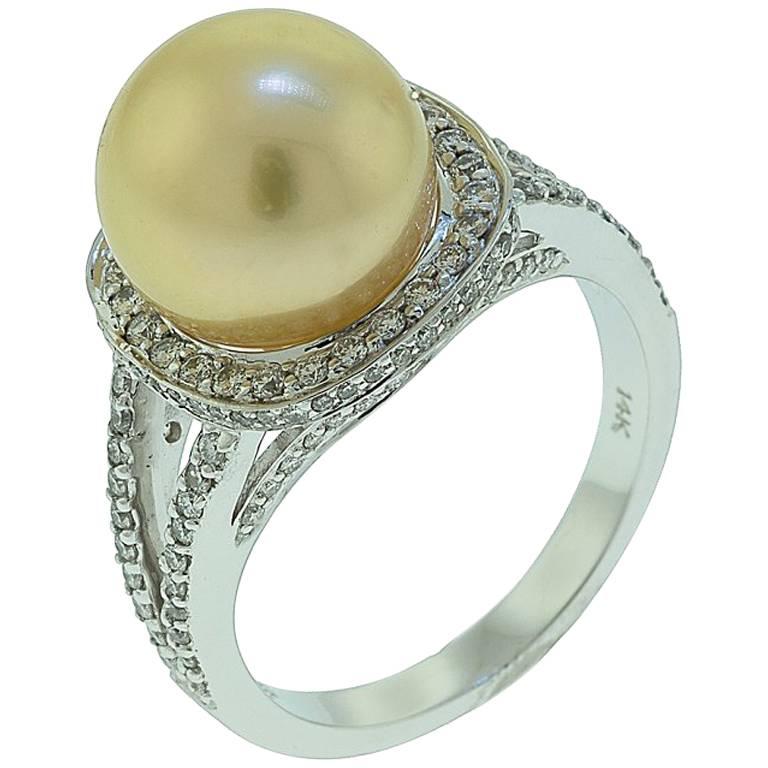 Gold Color Pearl and Diamond Ring For Sale