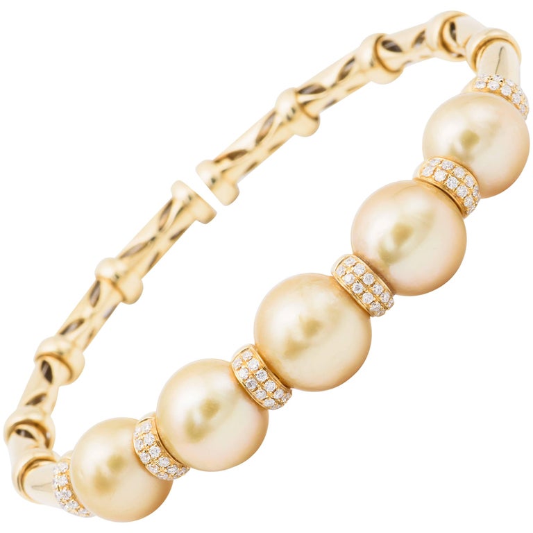Golden South Sea Pearl and Diamond Yellow Gold Bracelet Bangle at