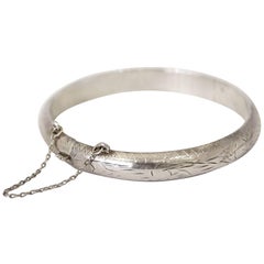 Vintage Wide Etched Sterling Silver Bangle with Safety Chain