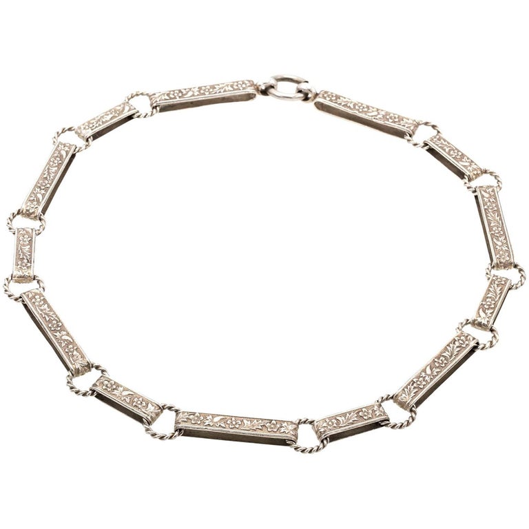 Art Nouveau Sterling Silver Chain Link Necklace Floral Embossed For ...