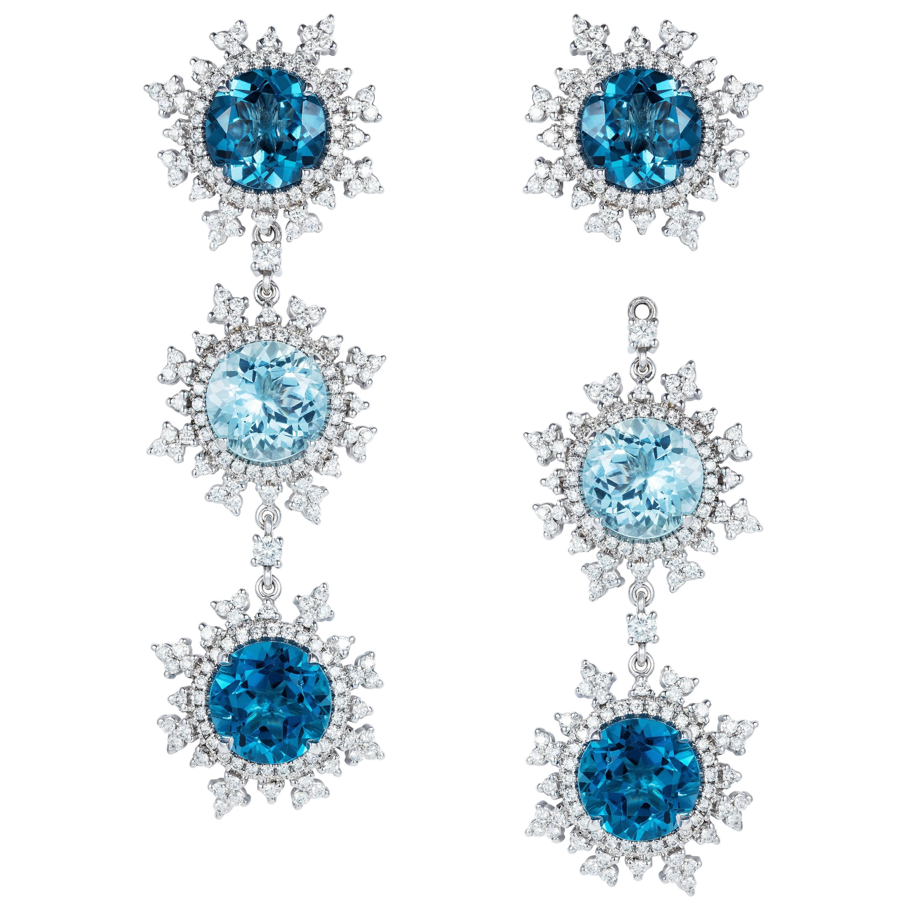 Nadine Aysoy 18 Karat White Gold Aquamarine and Blue Topaz Diamond Long Earrings For Sale