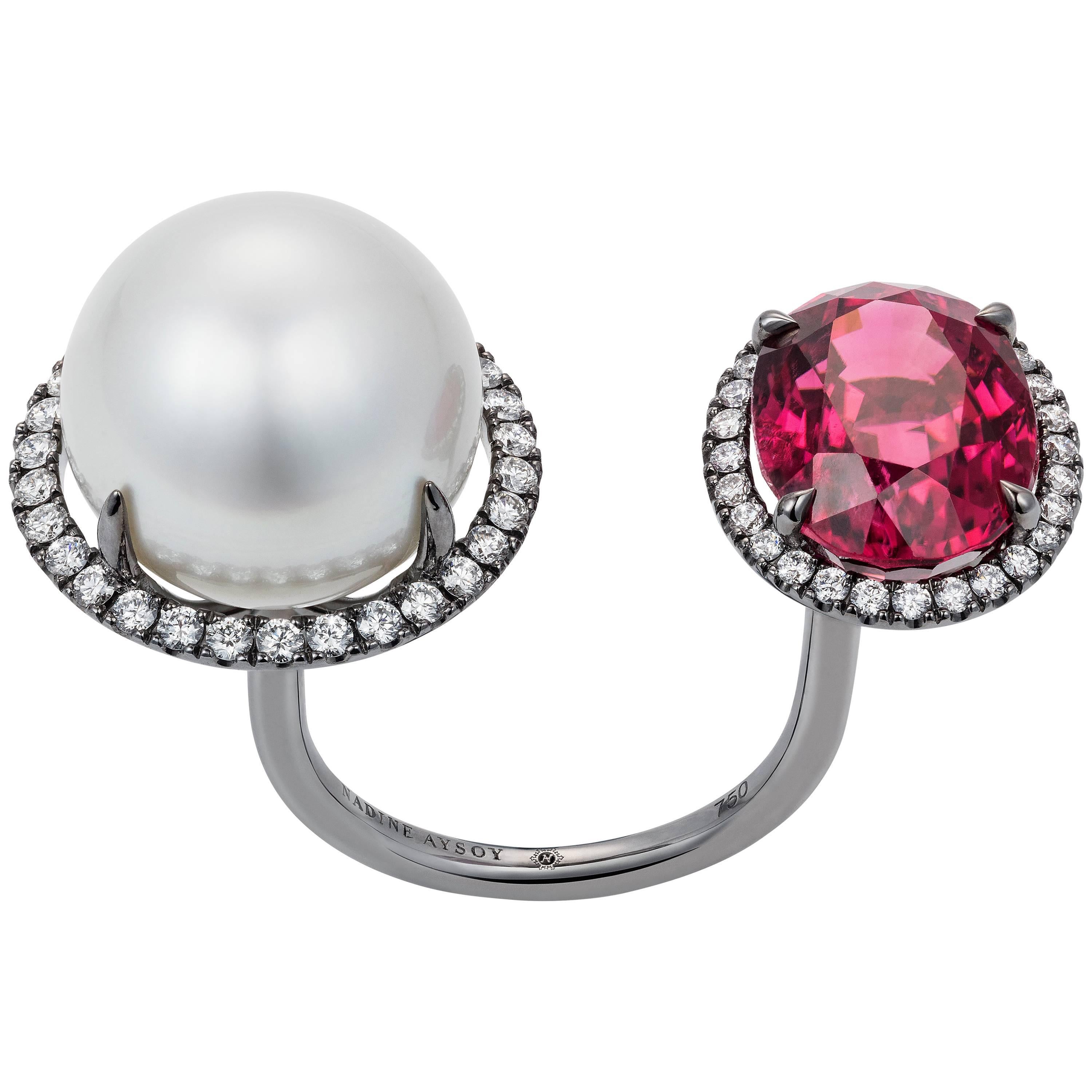 Nadine Aysoy 18 Karat Gold Rubellite and South Sea Pearl Diamond Cocktail Ring For Sale