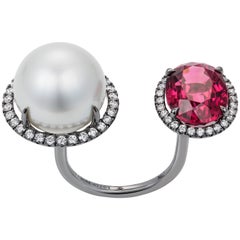 Nadine Aysoy 18 Karat Gold Rubellite and South Sea Pearl Diamond Cocktail Ring