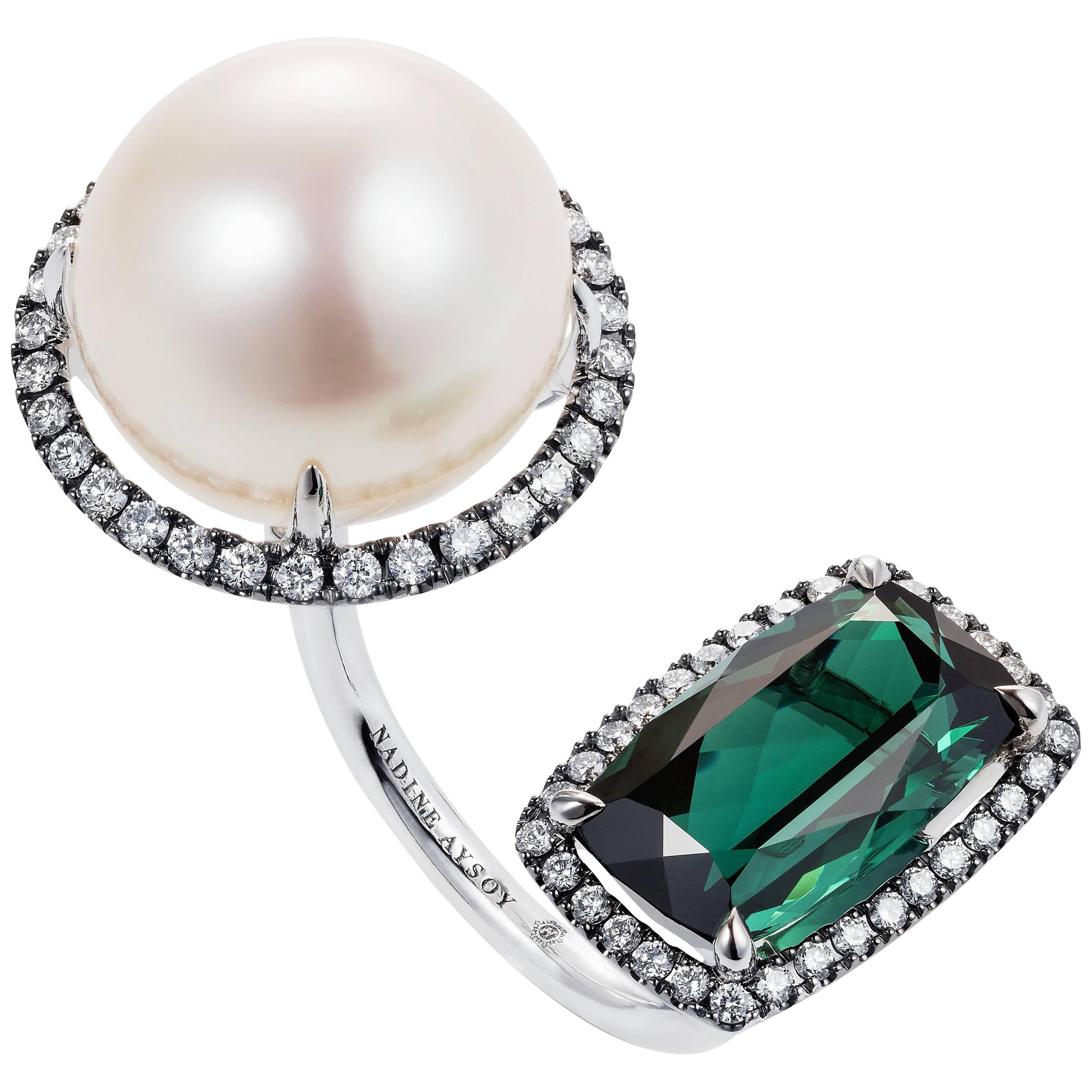 Nadine Aysoy 18 Karat Gold Tourmaline and South Sea Pearl Diamond Cocktail Ring For Sale