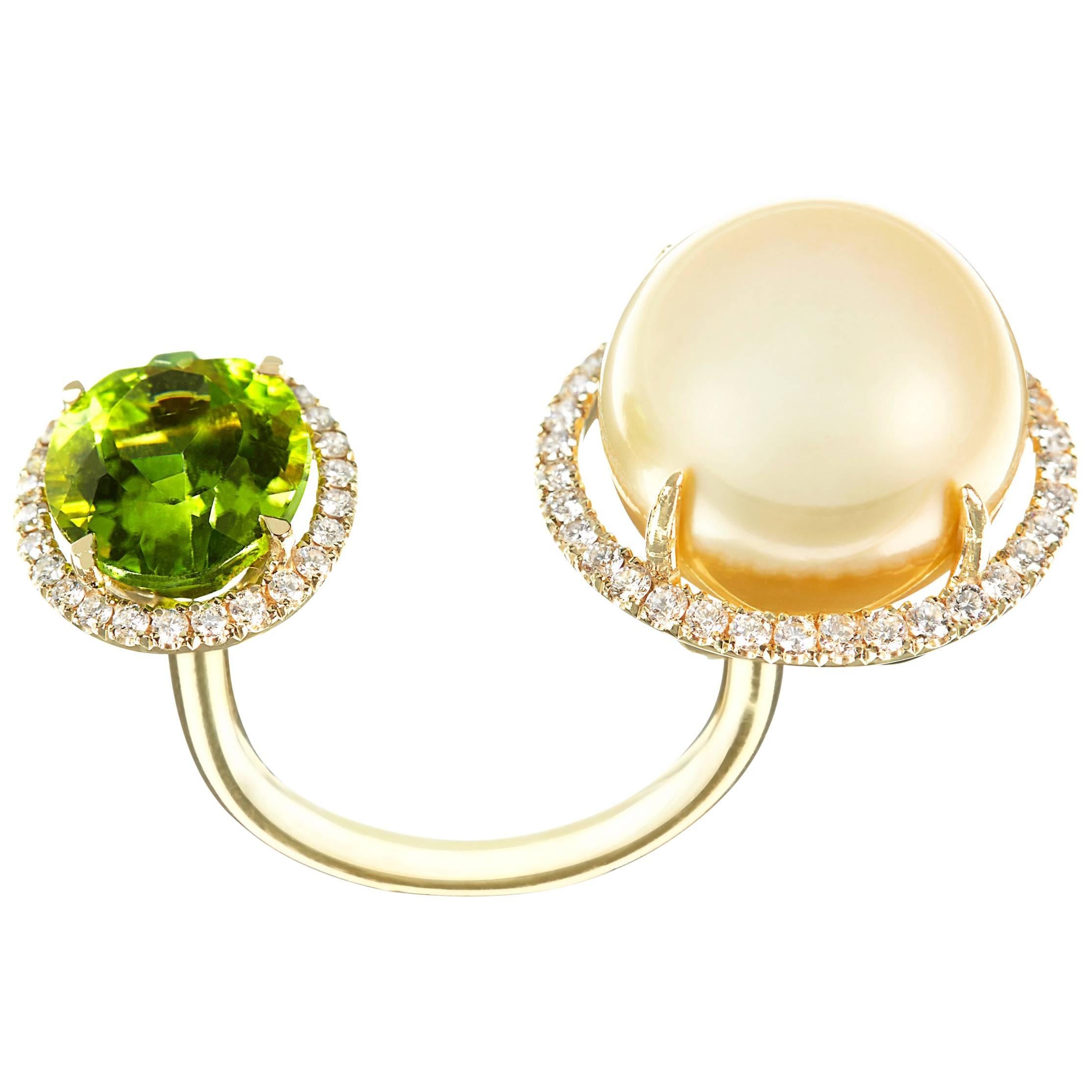 Nadine Aysoy Yellow Gold Green Peridot and South Sea Pearl Diamond Cocktail Ring For Sale