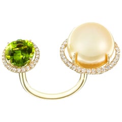 Nadine Aysoy Yellow Gold Green Peridot and South Sea Pearl Diamond Cocktail Ring