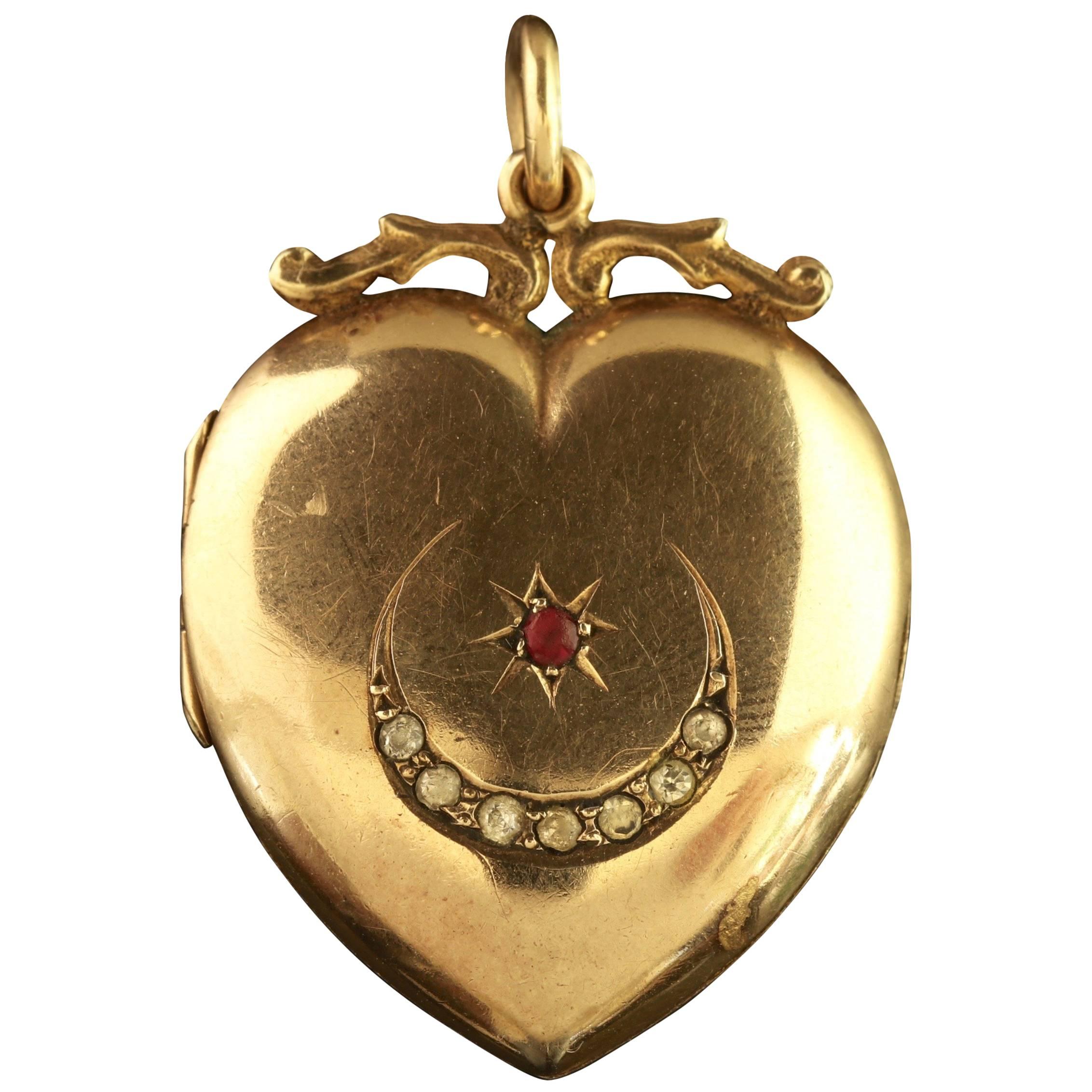 Antique Victorian Gold Locket Star and Crescent Ruby