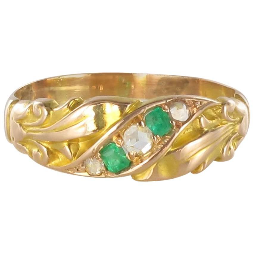 1850s 18 Carat Rose Yellow Gold Diamond Emerald Fleur de Lys Band Ring