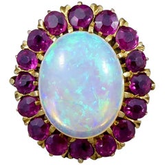 Victorian Opal and Ruby Cluster Ring in 18 Carat Yellow Gold