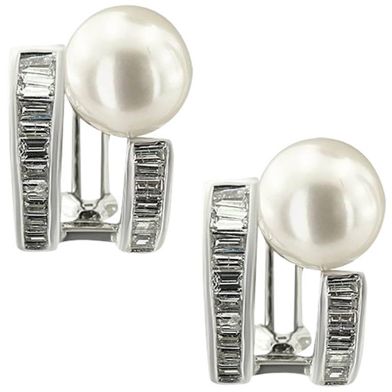 White Gold Pearls and Diamond Earrings For Sale