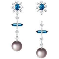 Nadine Aysoy 18 Karat Gold Blue Topaz, Tourmaline and Pearl Diamond Earrings