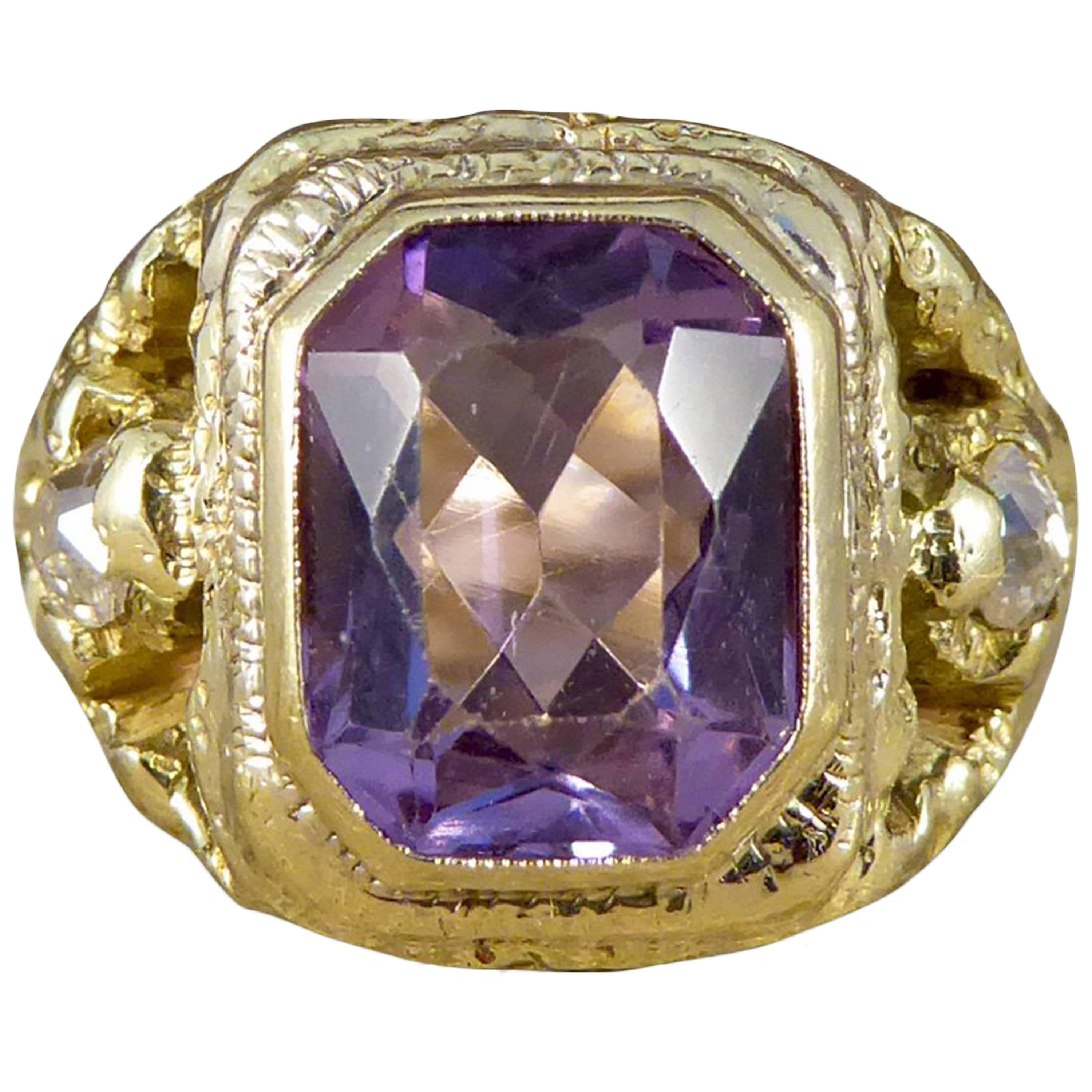 Antique Early Victorian Amethyst and Old Cut Diamond Ring in 14 Carat Gold