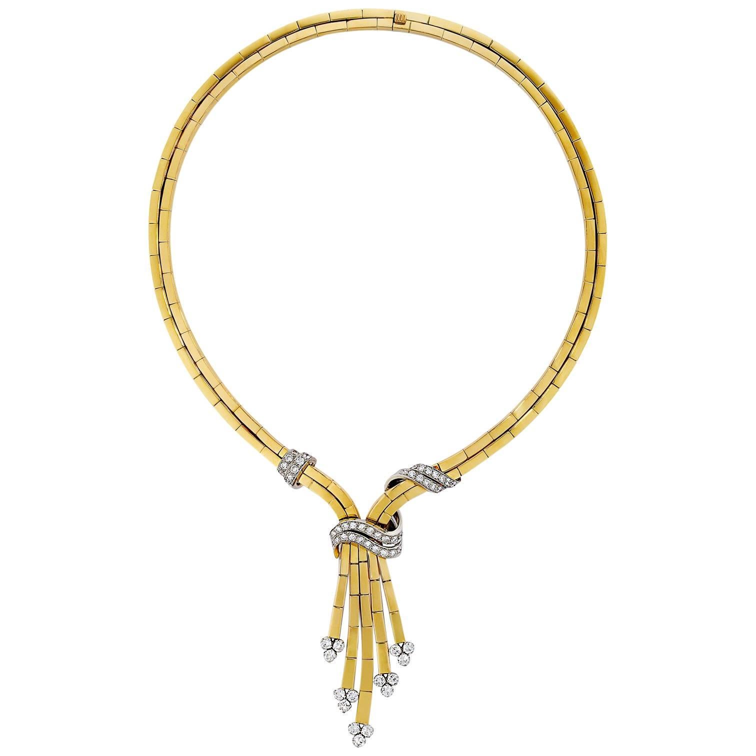 1950s 18K Yellow Gold Diamond Necklace For Sale