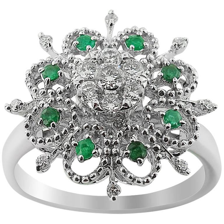 White Gold Flower Diamond and Emerald Ring