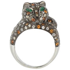 Modern Blackened Silver Zircons Yellow Sapphire Emerald Cat Ring