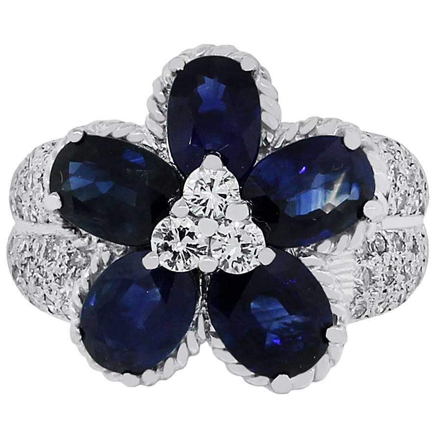 Sapphire and Diamond Flower Cocktail Ring