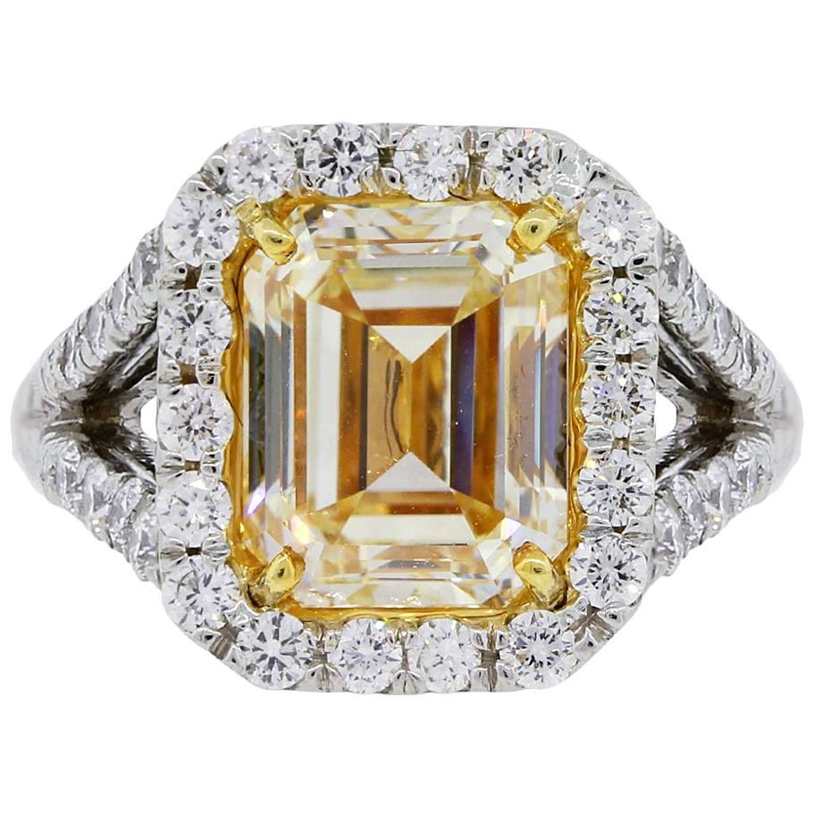 EGL Certified 5.02 Carat Fancy Yellow Emerald Cut Diamond Engagement Ring