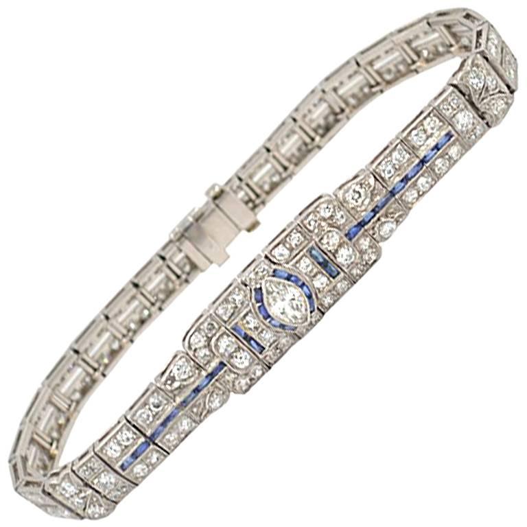Art Deco Diamond and Sapphire Platinum Bracelet, circa 1930s For Sale