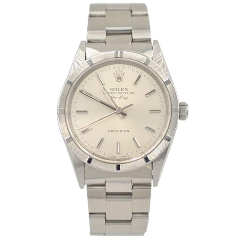 Rolex Stainless Steel Airking Silvered Baton Index Dial Wristwatch For Sale