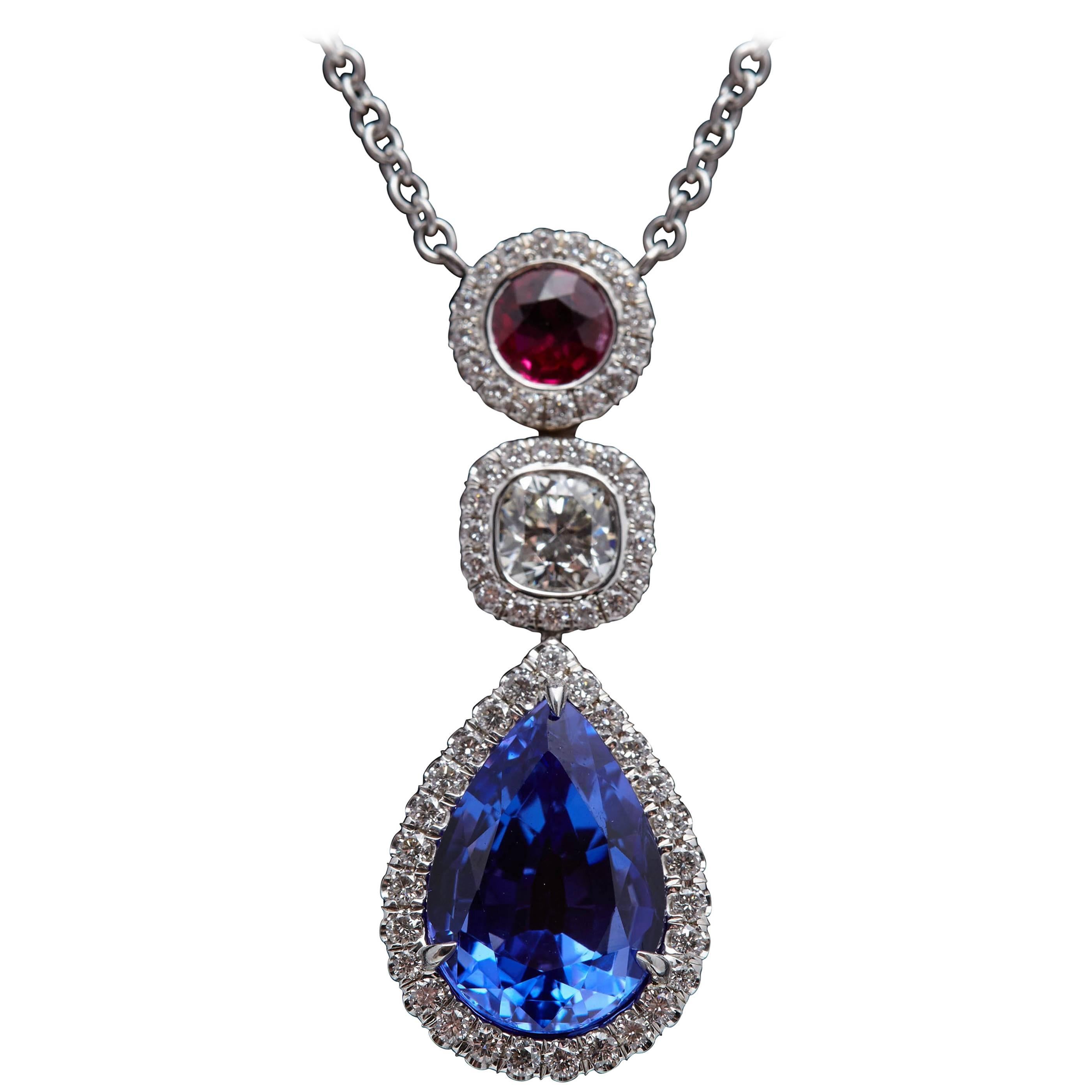 Tanzanite Diamond Ruby Necklace For Sale