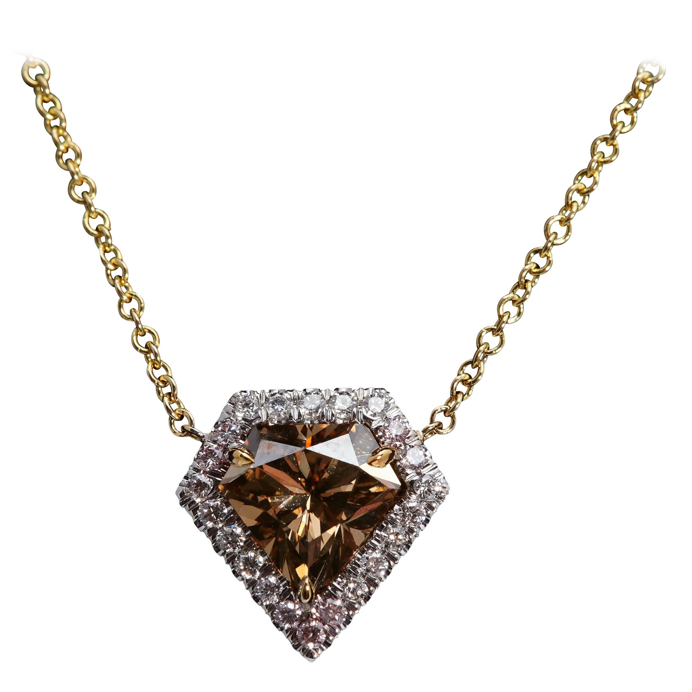 Shield Shaped Diamond 1.45 Carat GIA Natural Fancy Orange-Brown Gold Necklace For Sale