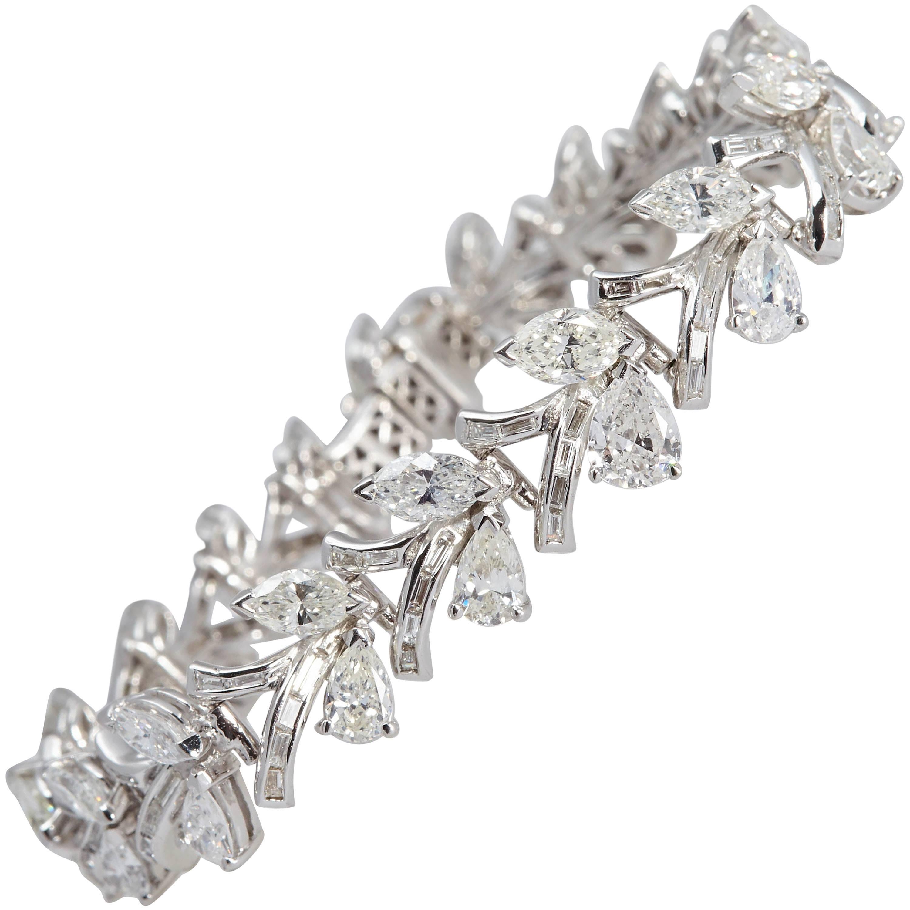 Pear and Marquise Shape Diamond and Platinum Bracelet 14 Carat For Sale