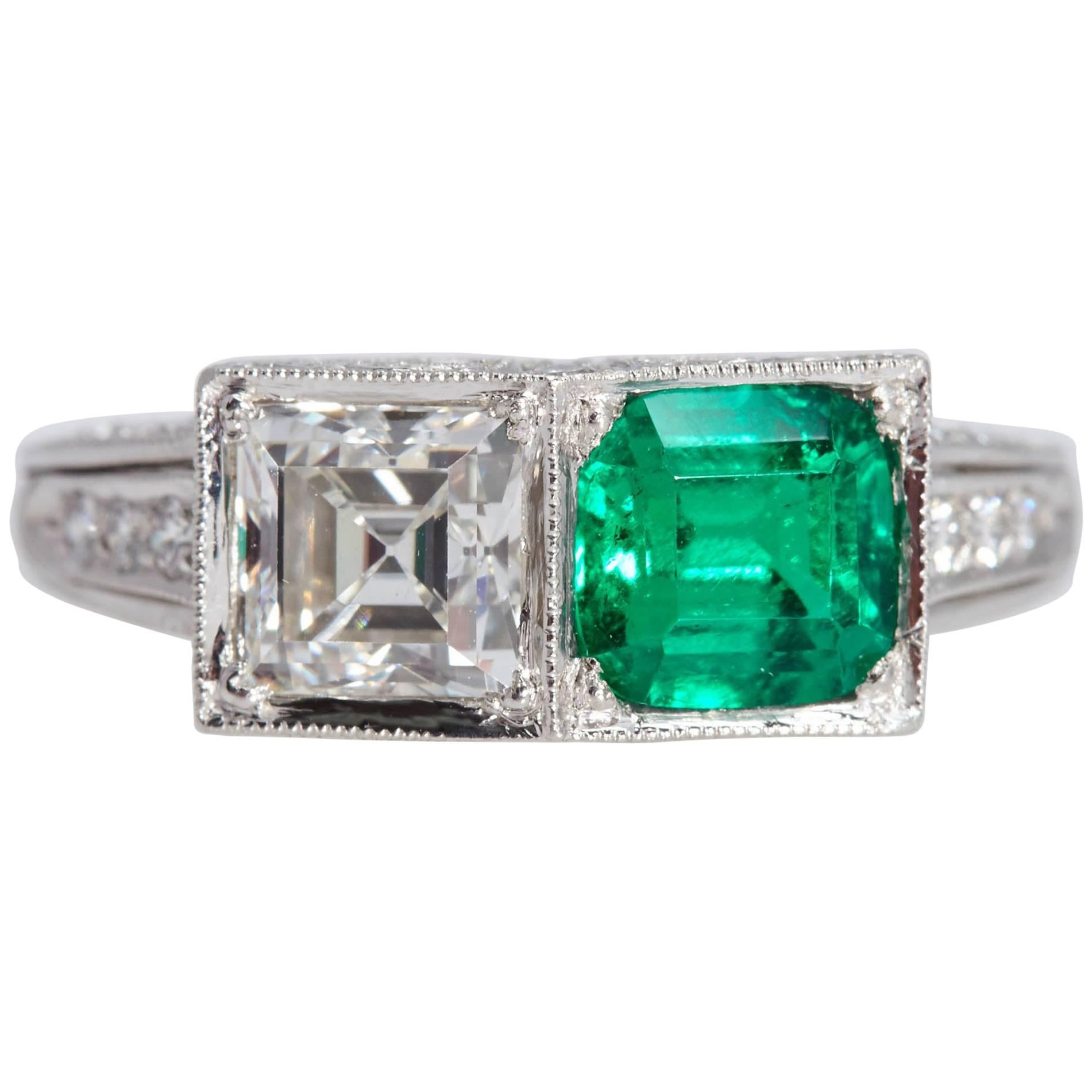 Two-Stone Platinum Ring Square Diamond and Square Emerald GIA For Sale