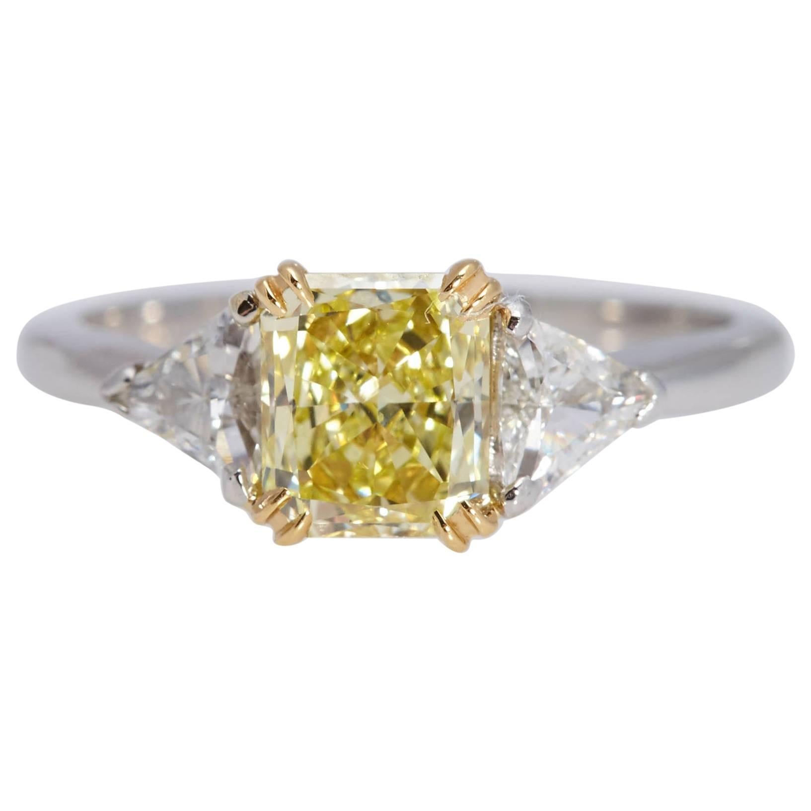 GIA Fancy Yellow Radiant Diamond .97 Carat Platinum 18 Karat Yellow Gold Ring For Sale