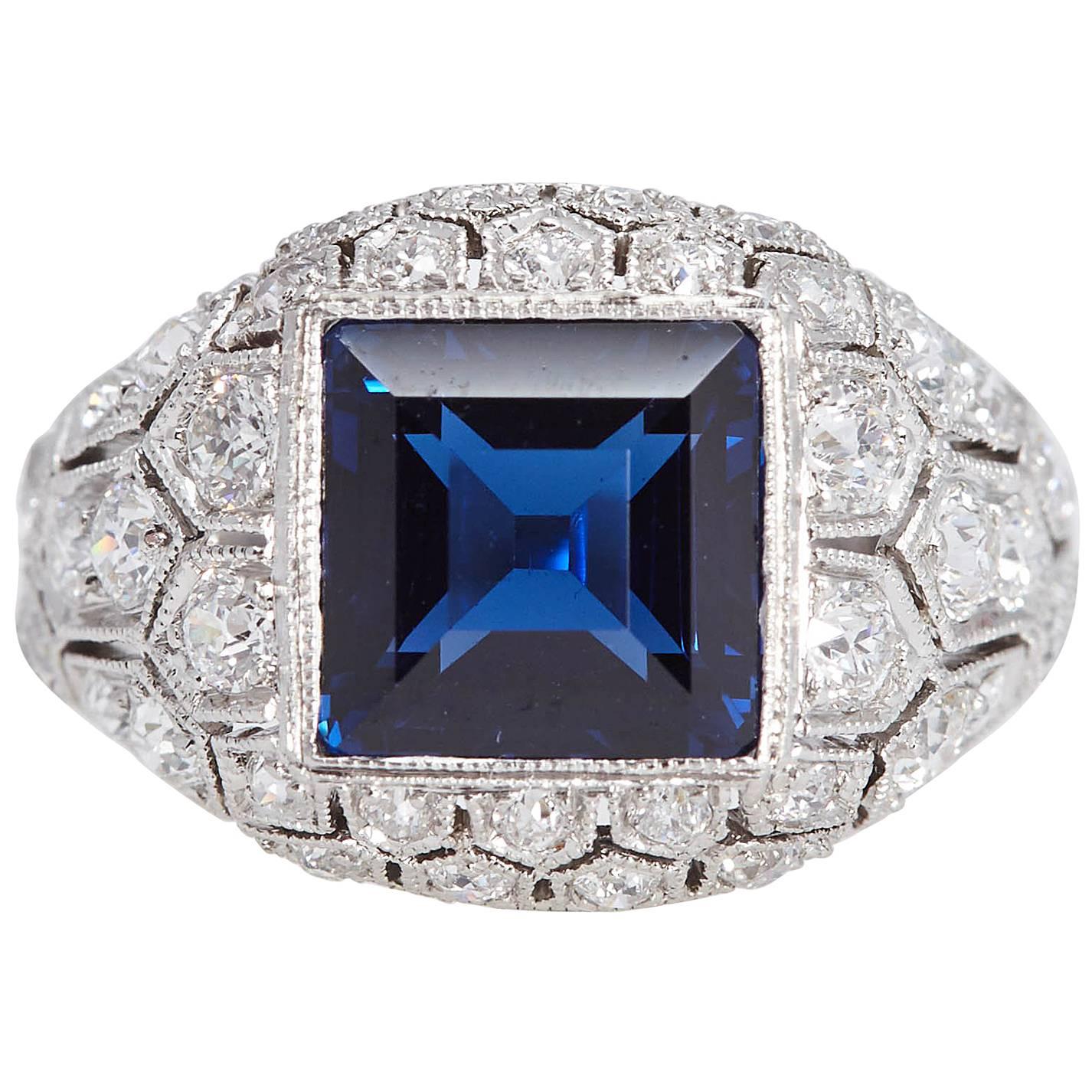 Art Deco J. E. Caldwell 2.89 Carat Sapphire Diamond Ring AGL Certificate For Sale