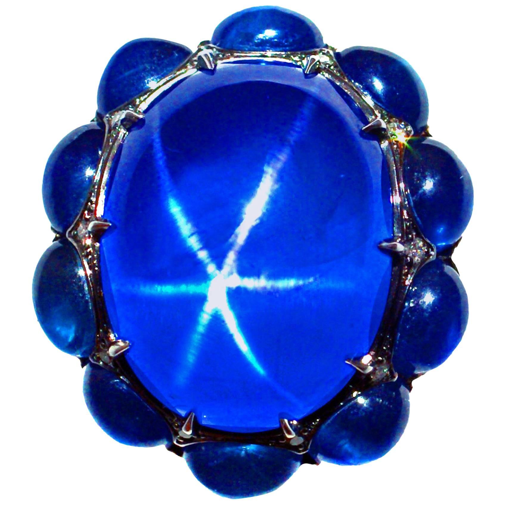 21.31 Carat Royal Blue Burma Star Sapphire Rive Gauche Jewelry Original Ring