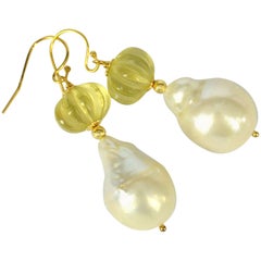Decadent Jewels Carved Lemon Quartz Baroque Pearl Gold Earrings