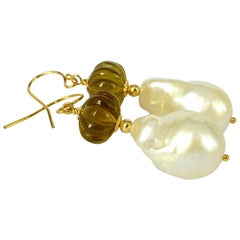 Decadent Jewels Carved Beer Quartz Baroque Pearl Gold Earrings