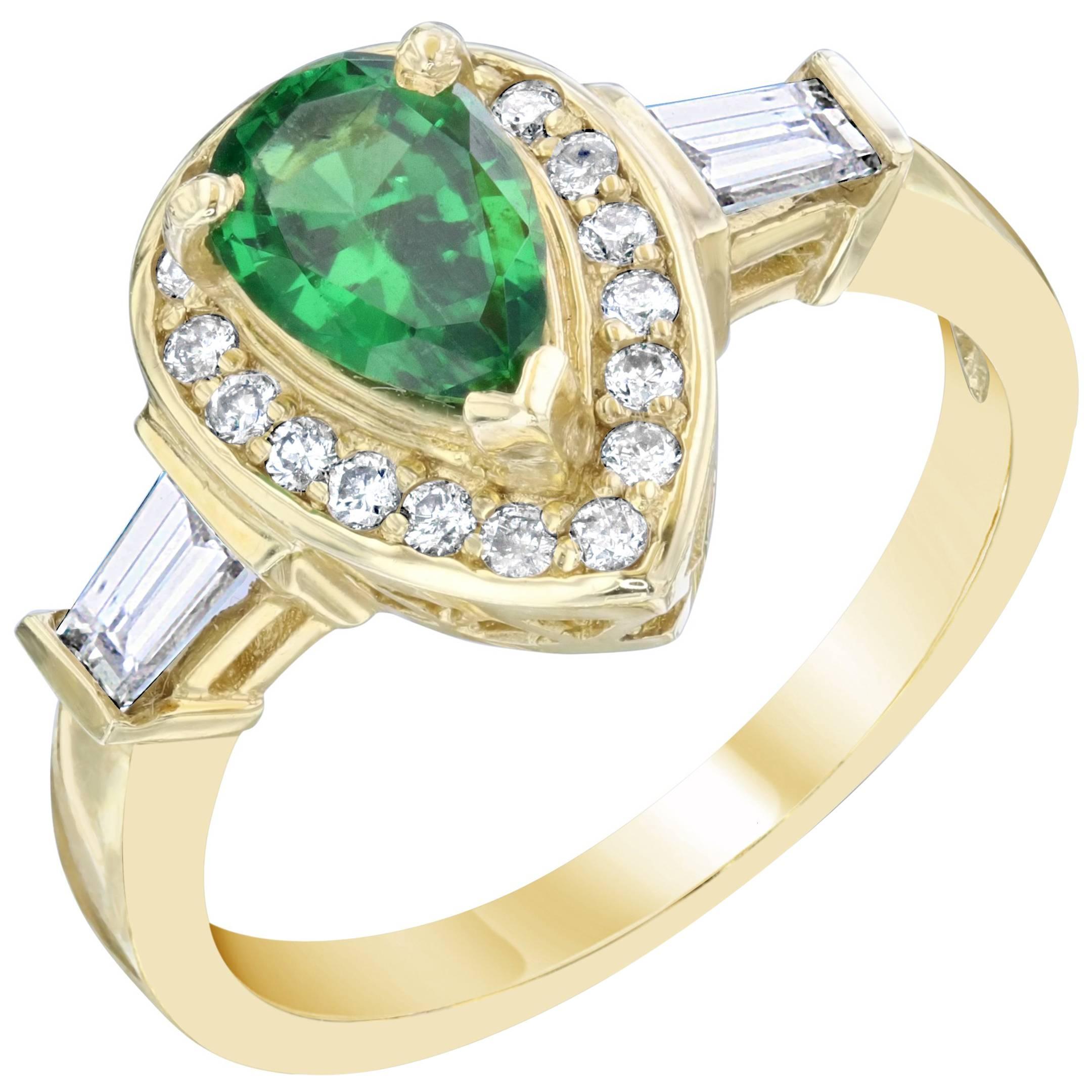 1.46 Carat Pear Cut Tsavorite Diamond Yellow Gold Cocktail Ring