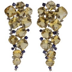 Retro Contemporary White Gold, Topaz, Diamonds and Sapphire Dangle Earrings