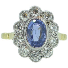 Vintage Sapphire and Diamond Engagement Ring, Cluster Style in 18 Carat Gold