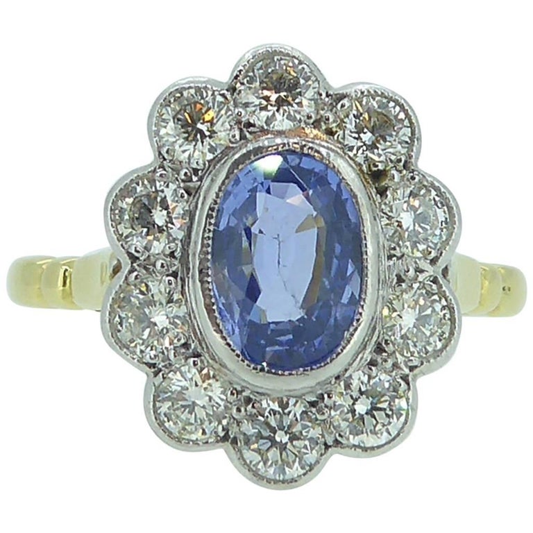 Vintage Sapphire and Diamond Engagement Ring, Cluster Style in 18 Carat