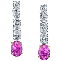 Oval Pink Sapphire and Diamond Platinum Drop Earrings