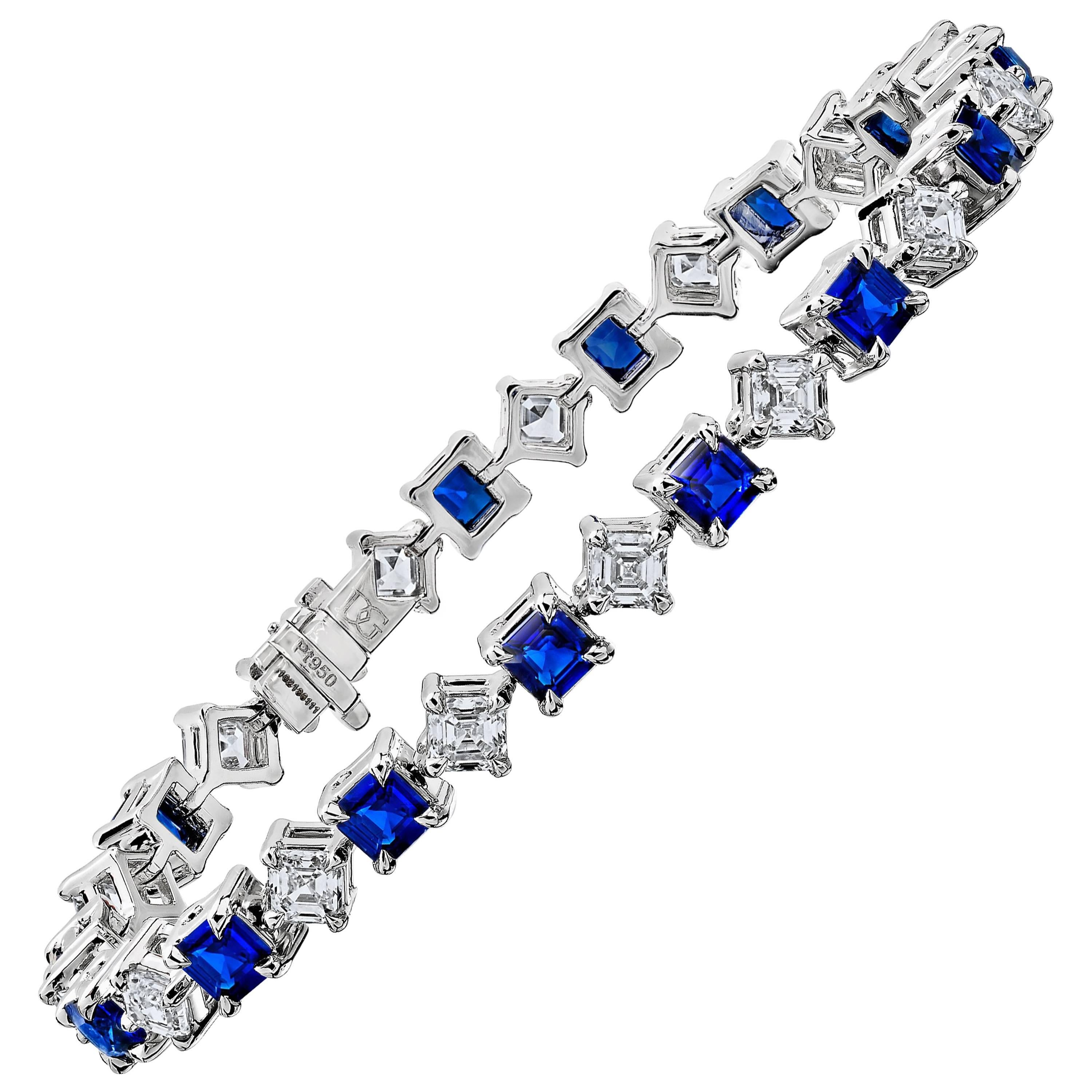  Square Emerald Cut Blue Sapphire and Diamond Platinum Bracelet