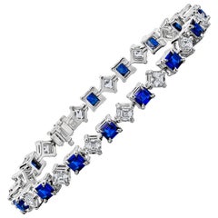 Square Emerald Cut Blue Sapphire and Diamond Platinum Bracelet