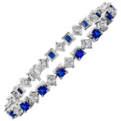  Square Emerald Cut Blue Sapphire and Diamond Platinum Bracelet