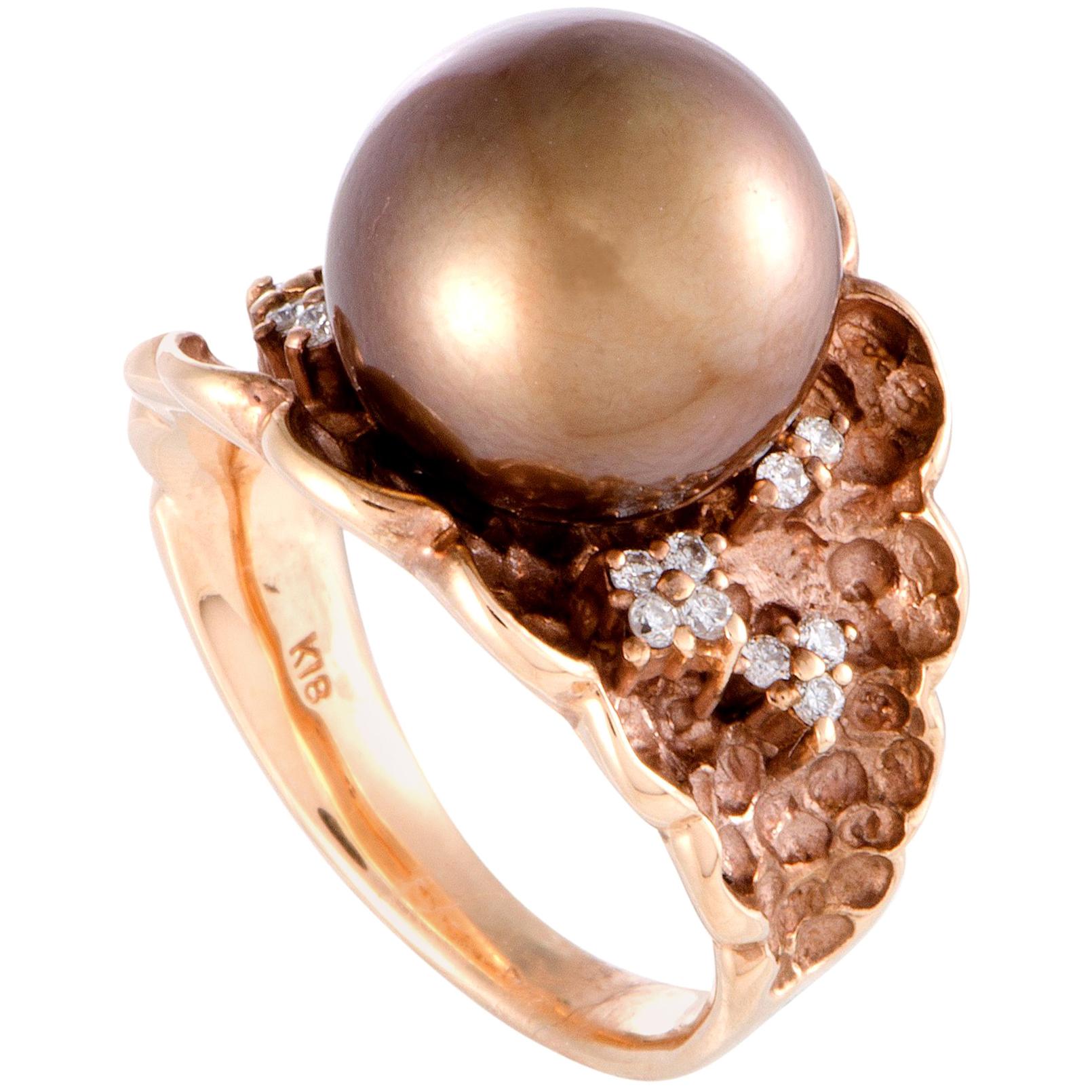 Diamond and Brown Pearl Rose Gold Ring